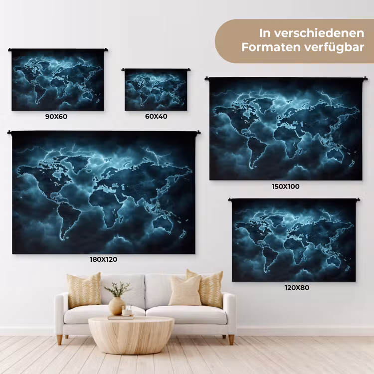Wereldkaart - Bliksem - Blauw Wandkleed katoen klein -tsfeer8_DE