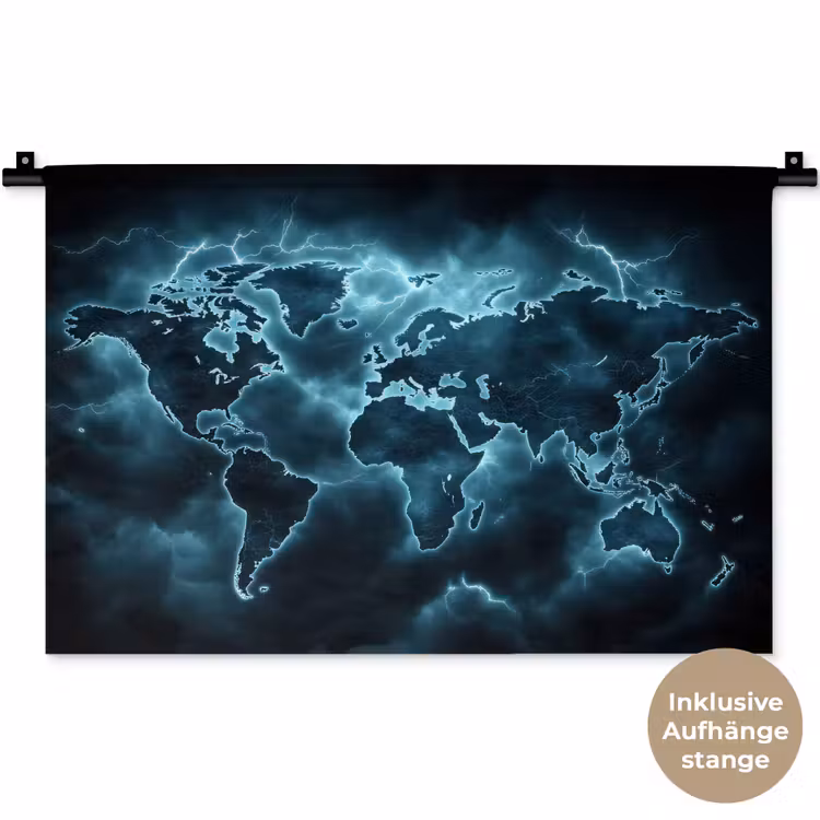 Wereldkaart - Bliksem - Blauw Wandkleed katoen klein -t3d_DE