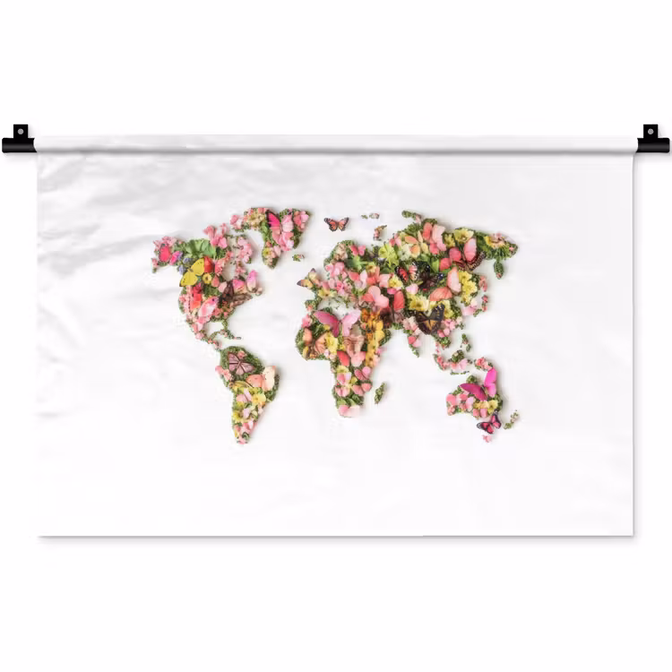Wereldkaart - Bloemen - Felgekleurd Wandkleed katoen klein -zz3d