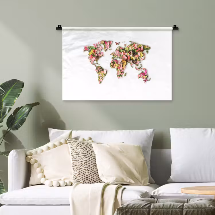 Wereldkaart - Bloemen - Felgekleurd Wandkleed katoen klein -sfeer7