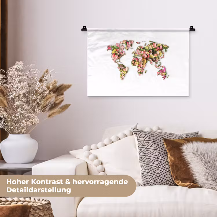 Wereldkaart - Bloemen - Felgekleurd Wandkleed katoen klein -tsfeer1_DE
