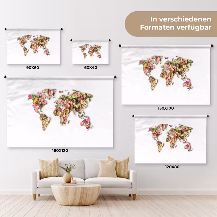 Wereldkaart - Bloemen - Felgekleurd Wandkleed katoen klein -tsfeer8_DE
