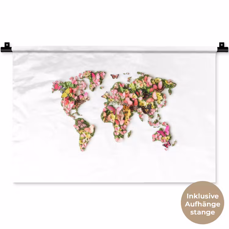 Wereldkaart - Bloemen - Felgekleurd Wandkleed katoen klein -t3d_DE