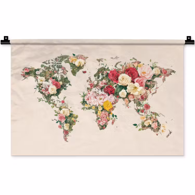Wereldkaart - Bloemen - Roze Wandkleed katoen klein -zz3d