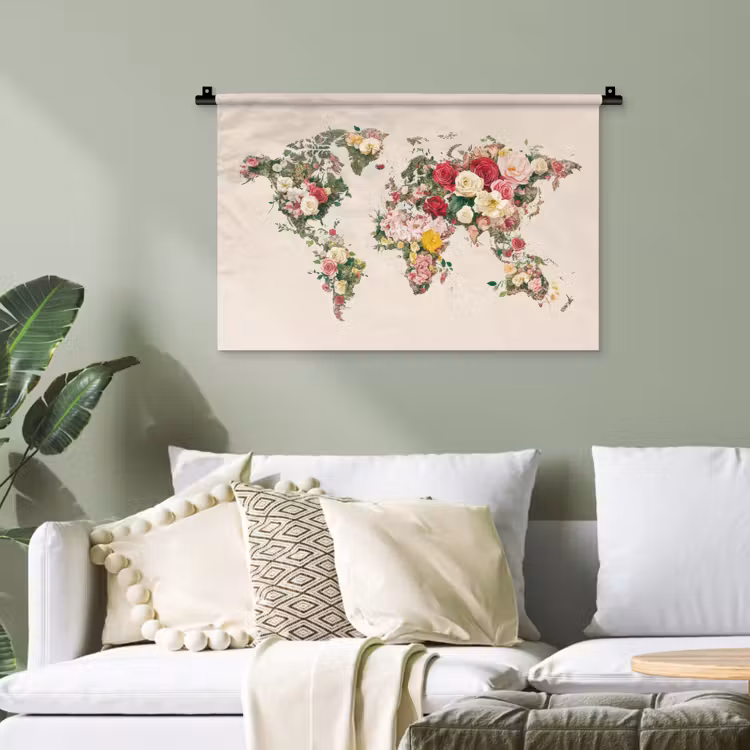 Wereldkaart - Bloemen - Roze Wandkleed katoen klein -sfeer7