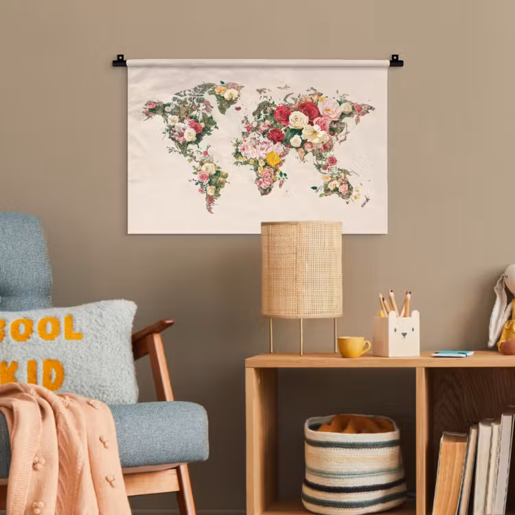 Wereldkaart - Bloemen - Roze Wandkleed katoen klein -wsfeer4_kind