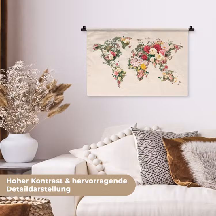 Wereldkaart - Bloemen - Roze Wandkleed katoen klein -tsfeer1_DE