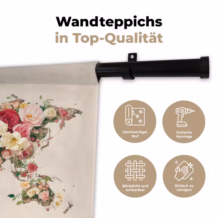 Wereldkaart - Bloemen - Roze Wandkleed katoen klein -tsfeer2_DE