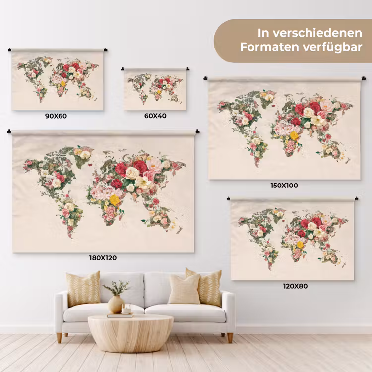Wereldkaart - Bloemen - Roze Wandkleed katoen klein -tsfeer8_DE
