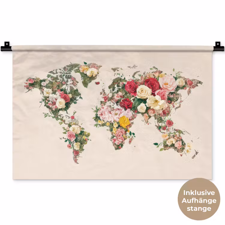 Wereldkaart - Bloemen - Roze Wandkleed katoen klein -t3d_DE
