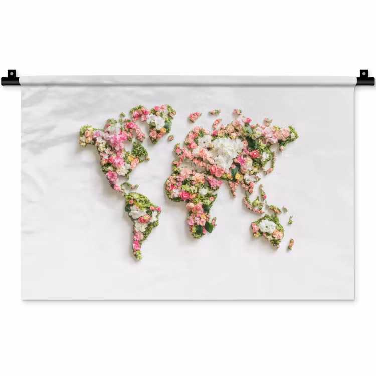 Wereldkaart - Bloemen - Subtiel Wandkleed katoen klein -zz3d