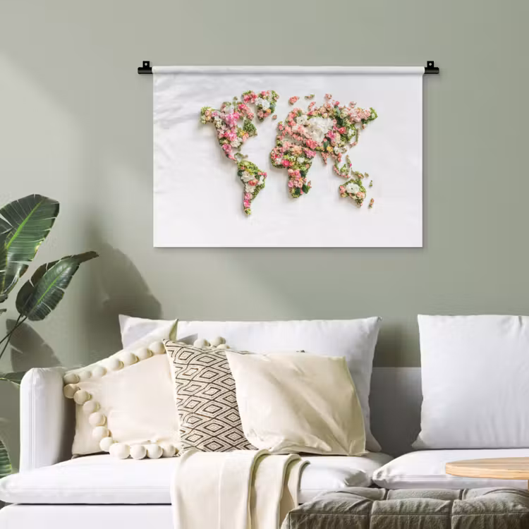 Wereldkaart - Bloemen - Subtiel Wandkleed katoen klein -sfeer7