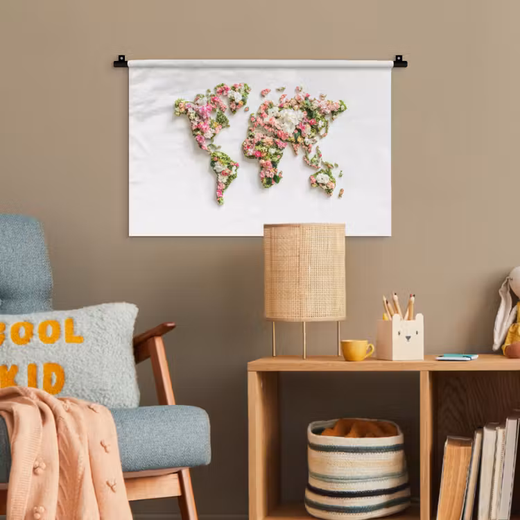 Wereldkaart - Bloemen - Subtiel Wandkleed katoen klein -wsfeer4_kind