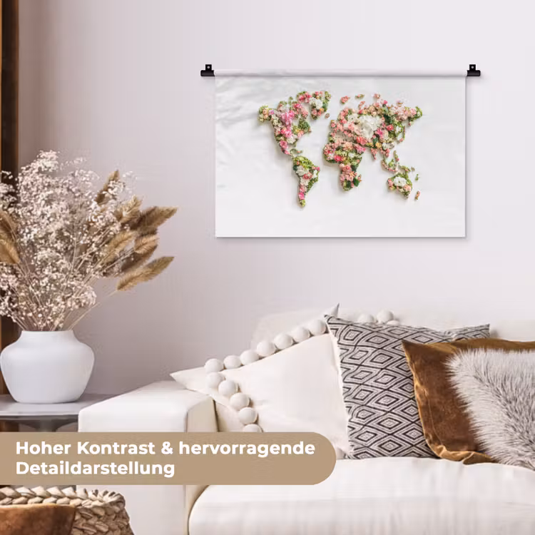 Wereldkaart - Bloemen - Subtiel Wandkleed katoen klein -tsfeer1_DE