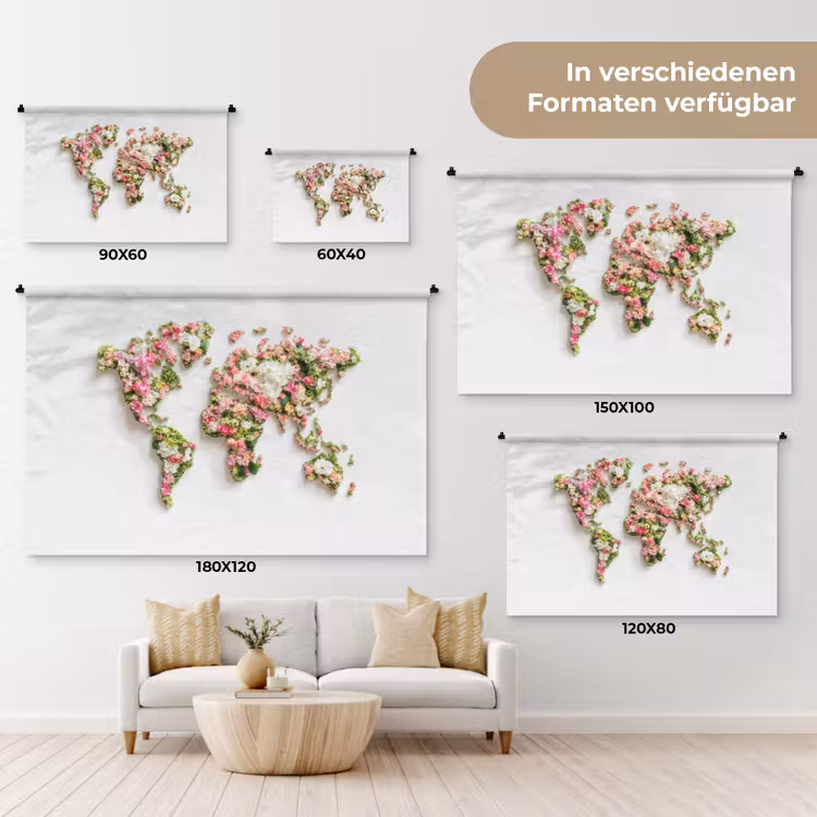 Wereldkaart - Bloemen - Subtiel Wandkleed katoen klein -tsfeer8_DE