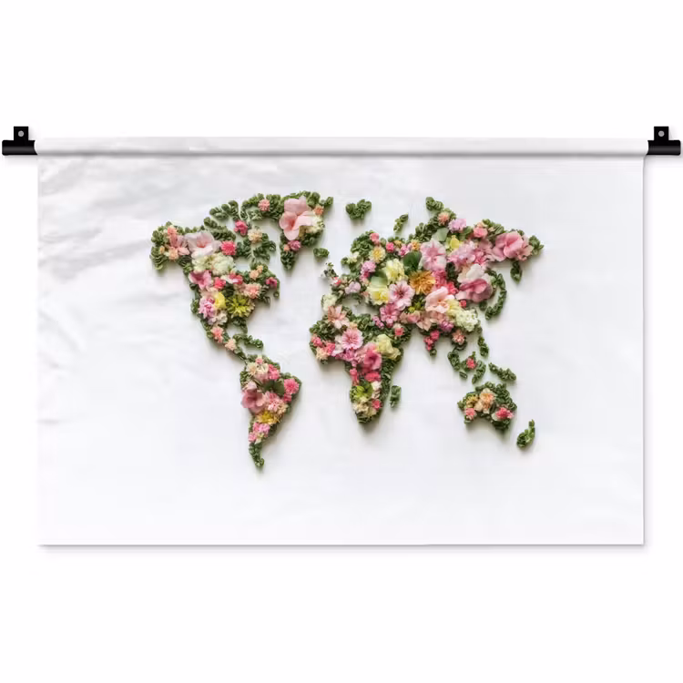 Wereldkaart - Kleurrijk - Bloemen - Lente Wandkleed katoen klein -zz3d