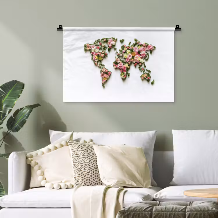 Wereldkaart - Kleurrijk - Bloemen - Lente Wandkleed katoen klein -sfeer7