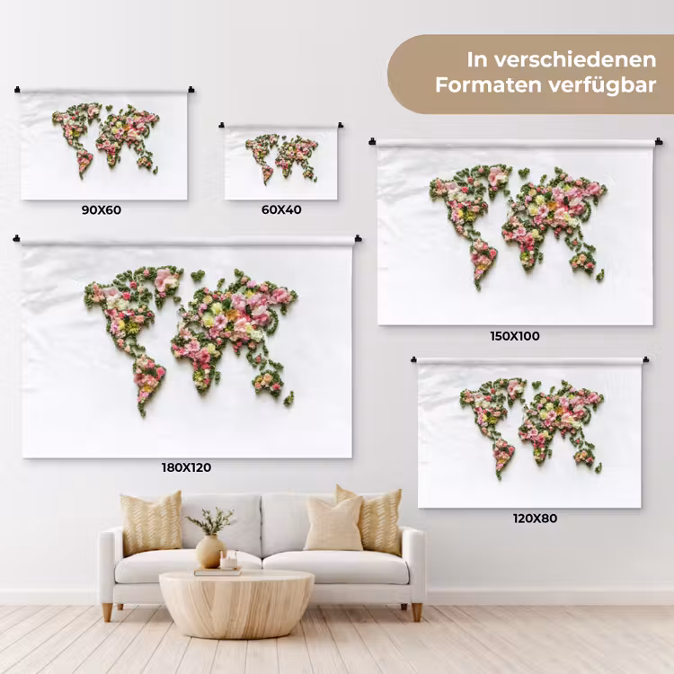 Wereldkaart - Kleurrijk - Bloemen - Lente Wandkleed katoen klein -tsfeer8_DE