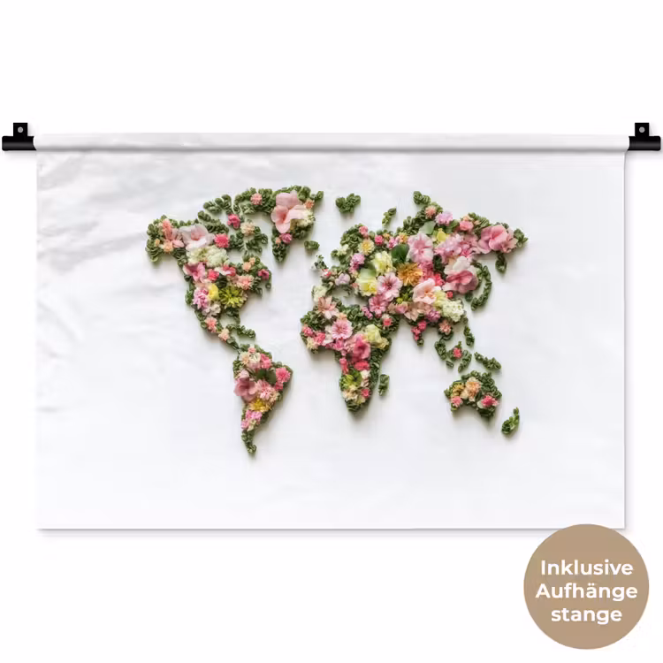 Wereldkaart - Kleurrijk - Bloemen - Lente Wandkleed katoen klein -t3d_DE