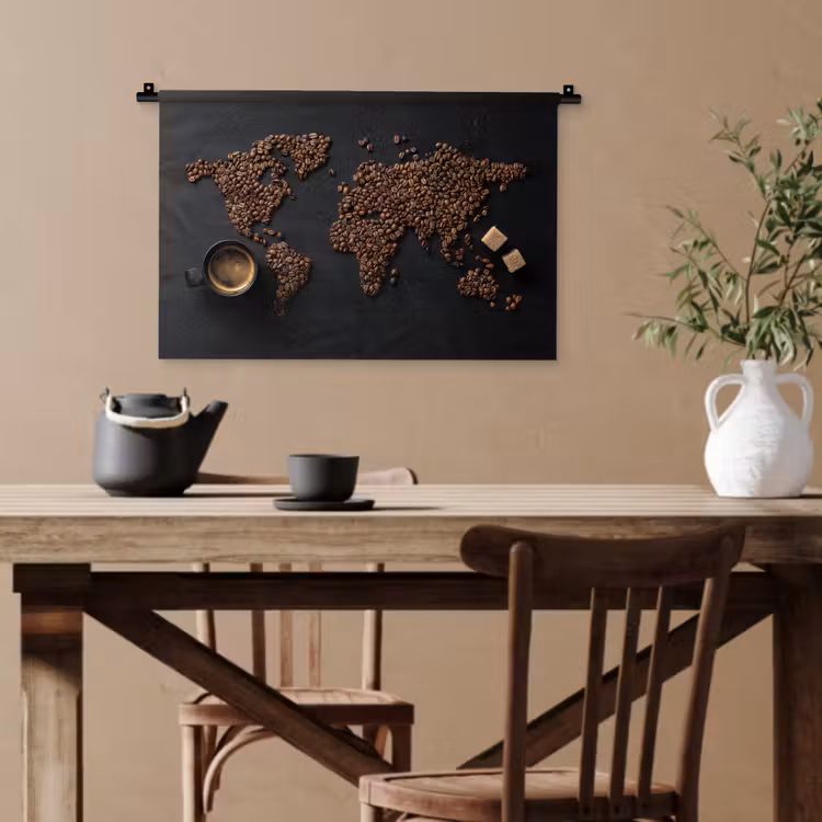Wereldkaart - Espresso - Zwart Wandkleed katoen klein -sfeer6
