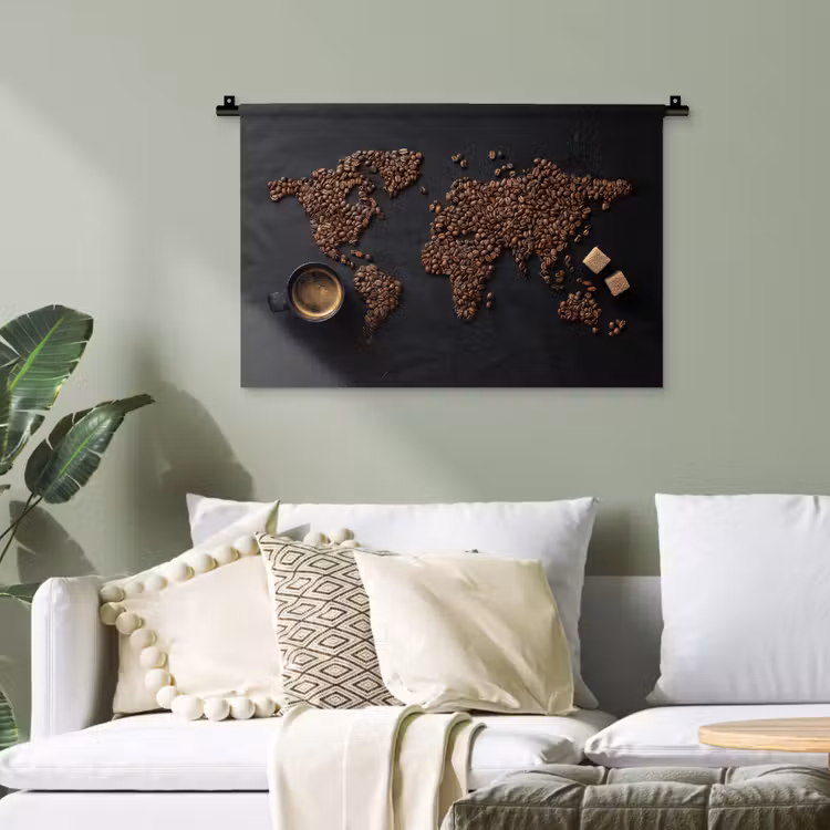 Wereldkaart - Espresso - Zwart Wandkleed katoen klein -sfeer7
