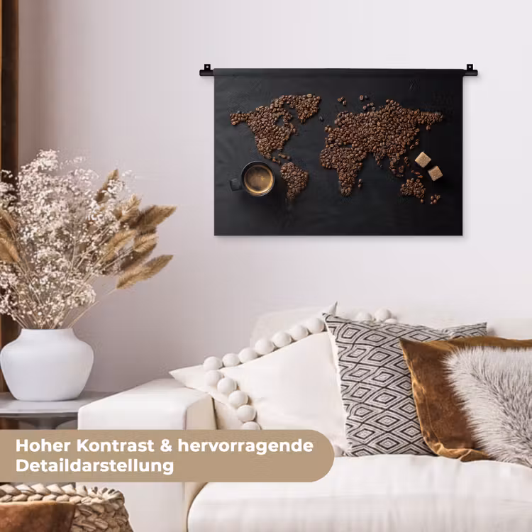 Wereldkaart - Espresso - Zwart Wandkleed katoen klein -tsfeer1_DE