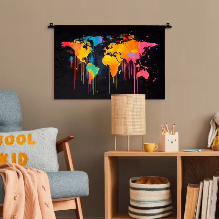 Wereldkaart - Verf - Kleurrijk - Graffiti - Wereld Wandkleed katoen klein -wsfeer4_kind