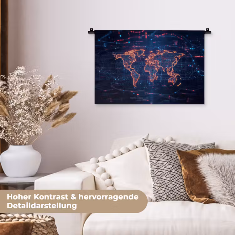 Wereldkaart - Futuristisch - Oranje Wandkleed katoen klein -tsfeer1_DE