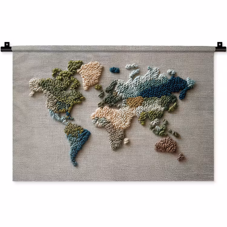 Wereldkaart - Geborduurd - Aardetinten Wandkleed katoen klein -zz3d