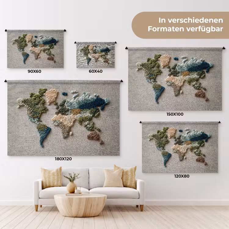 Wereldkaart - Geborduurd - Aardetinten Wandkleed katoen klein -tsfeer8_DE