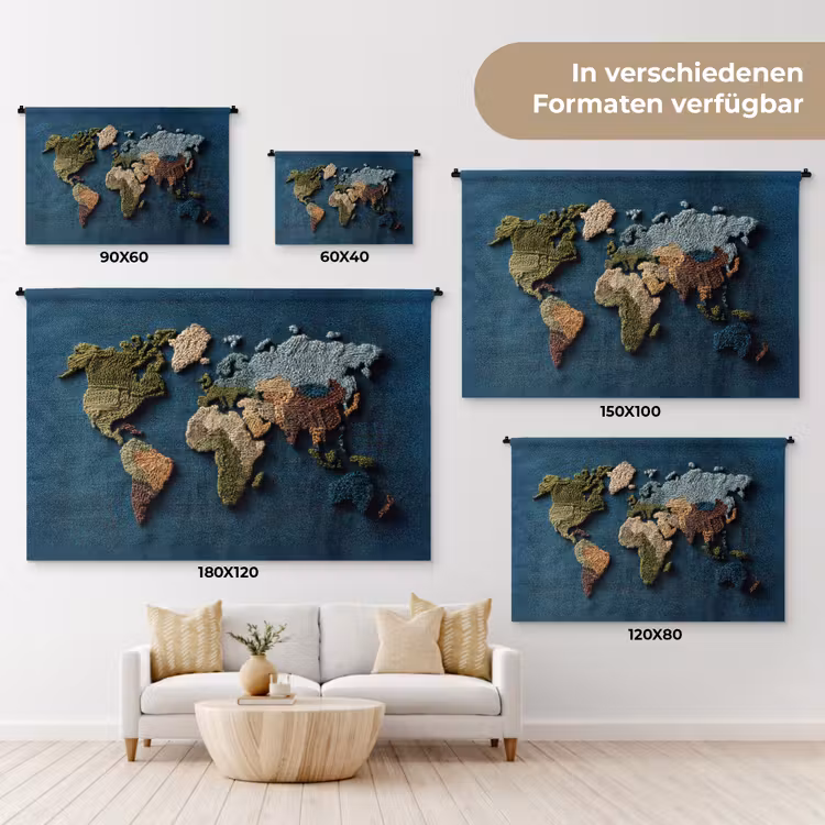 Wereldkaart - Geborduurd - Verschillende tinten Wandkleed katoen klein -tsfeer8_DE