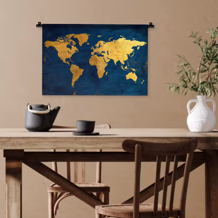 Wereldkaart - Goud - Donkerblauw Wandkleed katoen klein -sfeer6