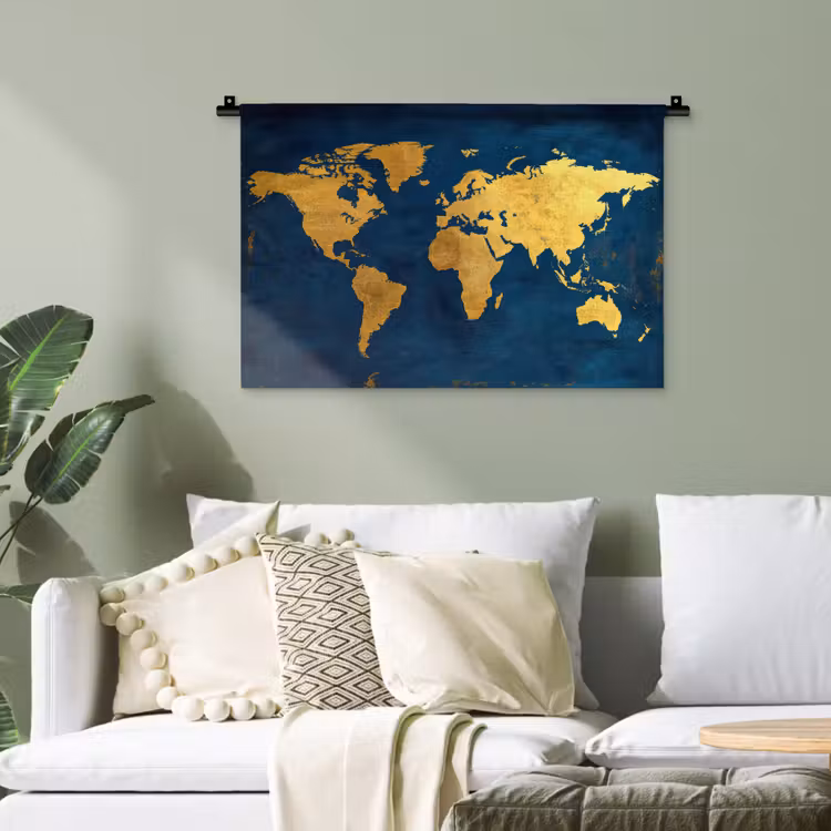 Wereldkaart - Goud - Donkerblauw Wandkleed katoen klein -sfeer7