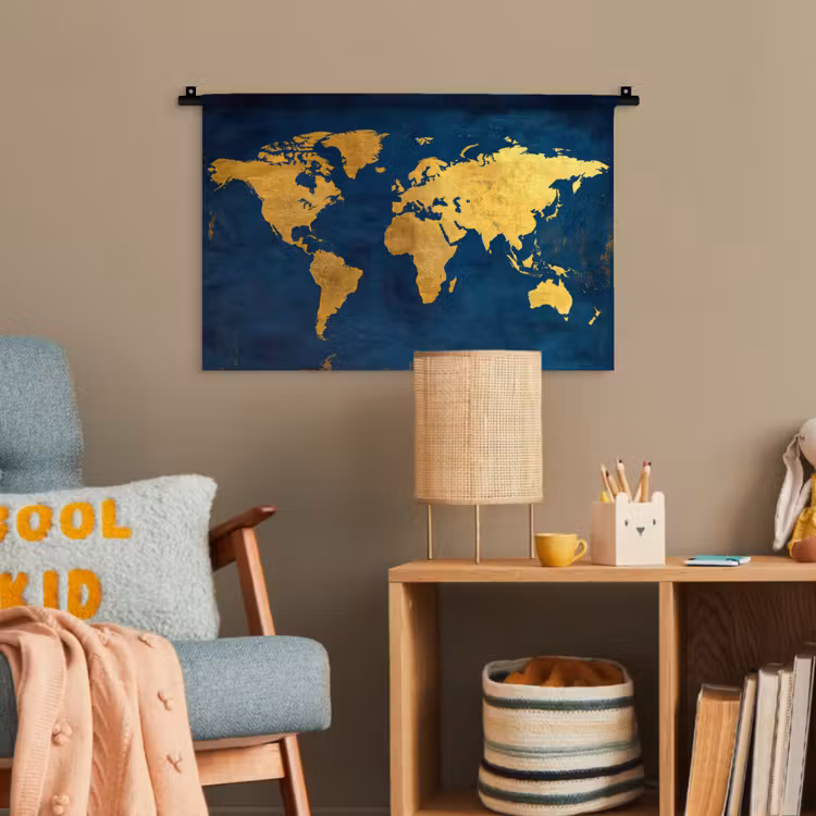 Wereldkaart - Goud - Donkerblauw Wandkleed katoen klein -wsfeer4_kind