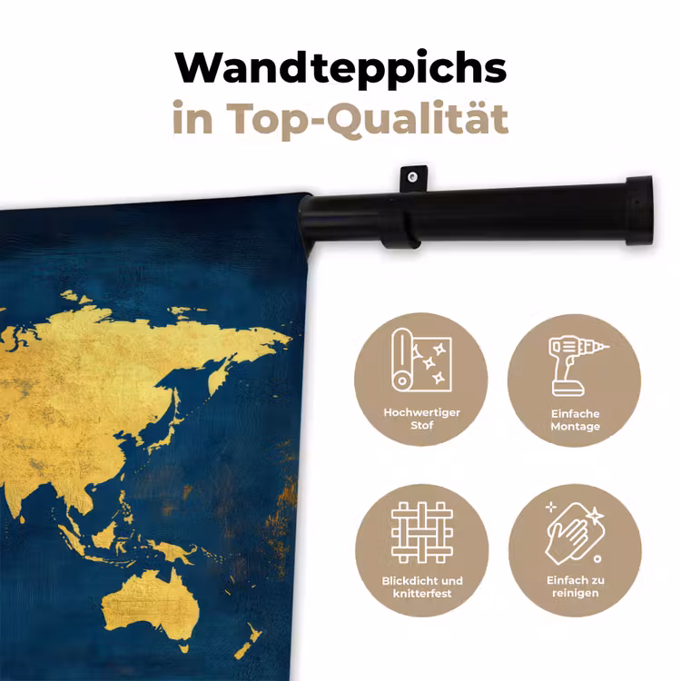 Wereldkaart - Goud - Donkerblauw Wandkleed katoen klein -tsfeer2_DE
