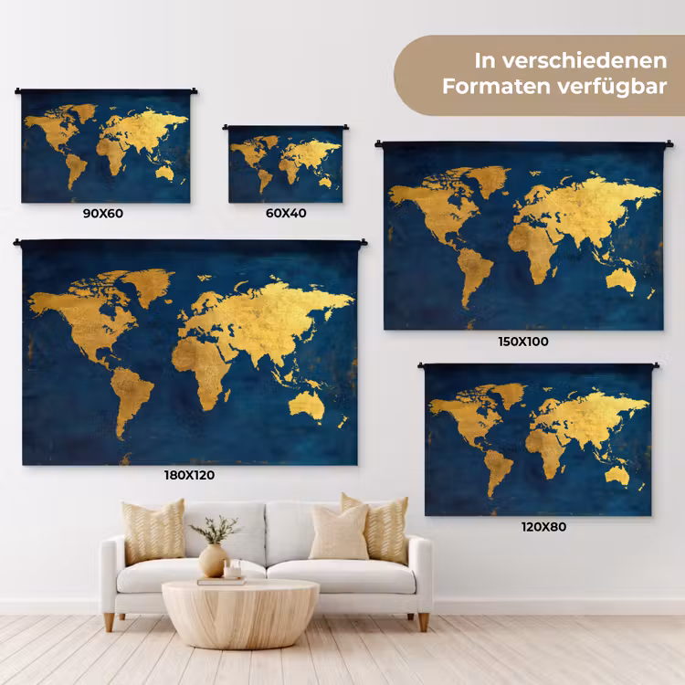 Wereldkaart - Goud - Donkerblauw Wandkleed katoen klein -tsfeer8_DE