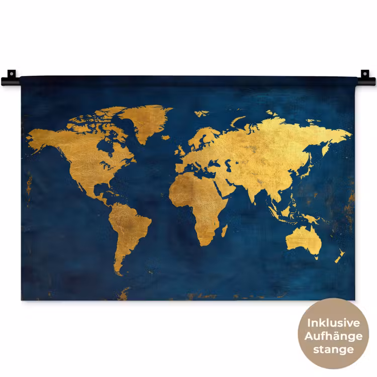 Wereldkaart - Goud - Donkerblauw Wandkleed katoen klein -t3d_DE