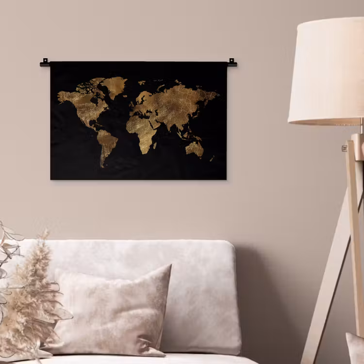 Wereldkaart - Goud - Luxe - Aarde - Zwart Wandkleed katoen klein -sfeer4