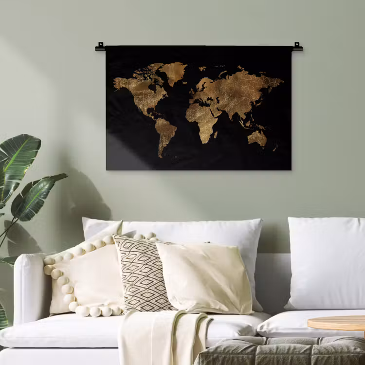 Wereldkaart - Goud - Luxe - Aarde - Zwart Wandkleed katoen klein -sfeer7