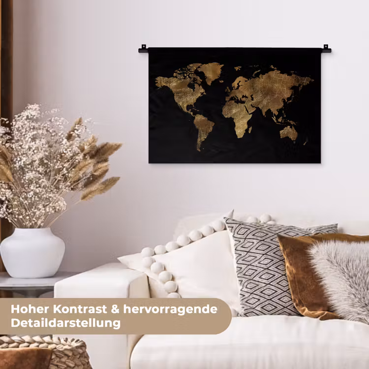 Wereldkaart - Goud - Luxe - Aarde - Zwart Wandkleed katoen klein -tsfeer1_DE