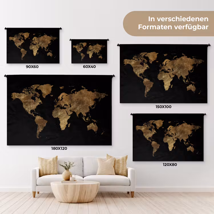 Wereldkaart - Goud - Luxe - Aarde - Zwart Wandkleed katoen klein -tsfeer8_DE