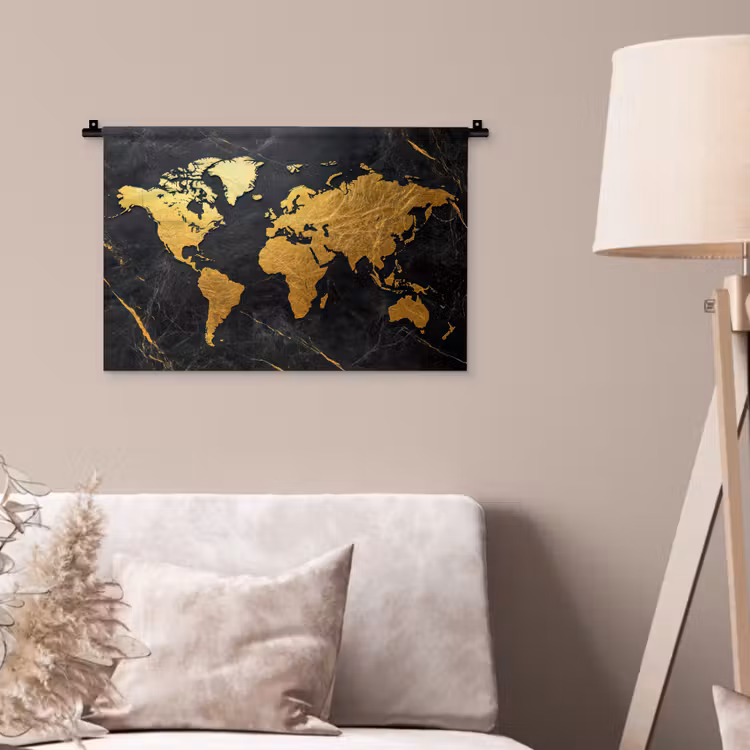 Wereldkaart - Goud - Marmer Wandkleed katoen klein -sfeer4