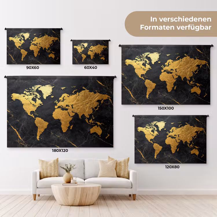 Wereldkaart - Goud - Marmer Wandkleed katoen klein -tsfeer8_DE