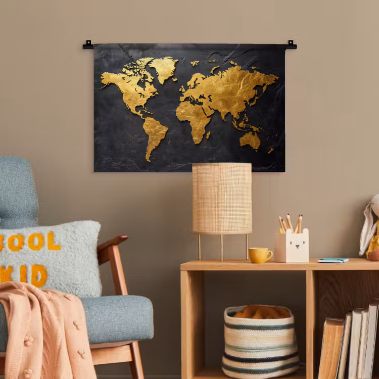 Wereldkaart - Goud - Steen Wandkleed katoen klein -wsfeer4_kind