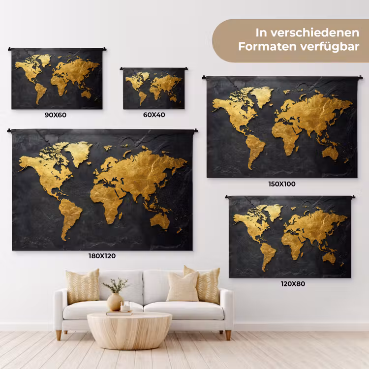 Wereldkaart - Goud - Steen Wandkleed katoen klein -tsfeer8_DE