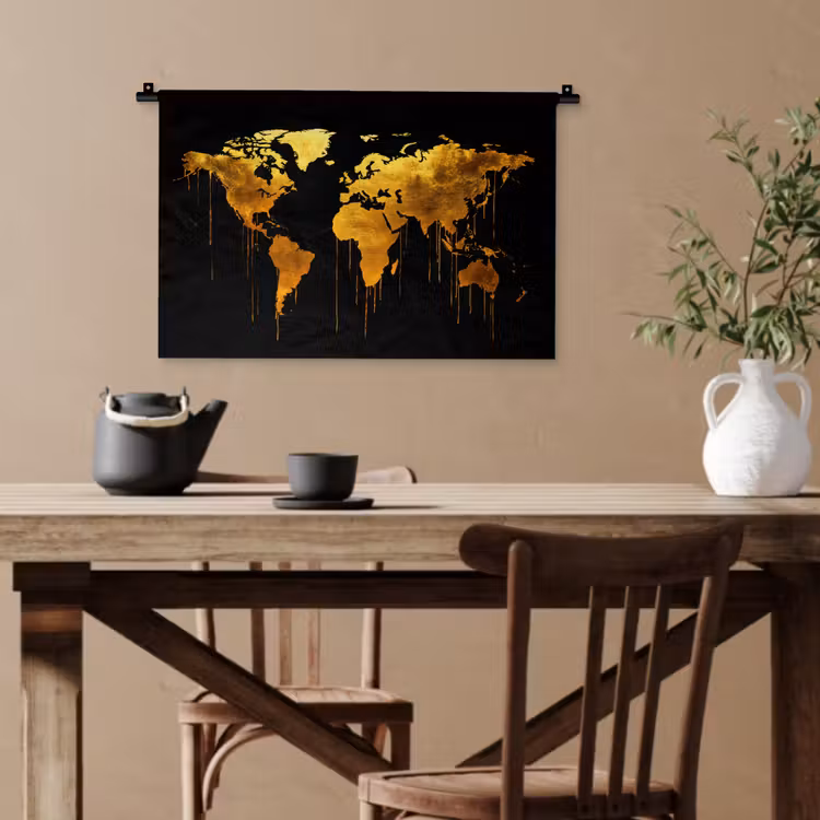Wereldkaart - Goud - Druipen - Zwart Wandkleed katoen klein -sfeer6