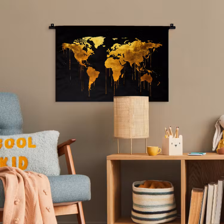 Wereldkaart - Goud - Druipen - Zwart Wandkleed katoen klein -wsfeer4_kind