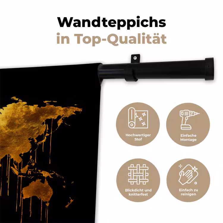 Wereldkaart - Goud - Druipen - Zwart Wandkleed katoen klein -tsfeer2_DE