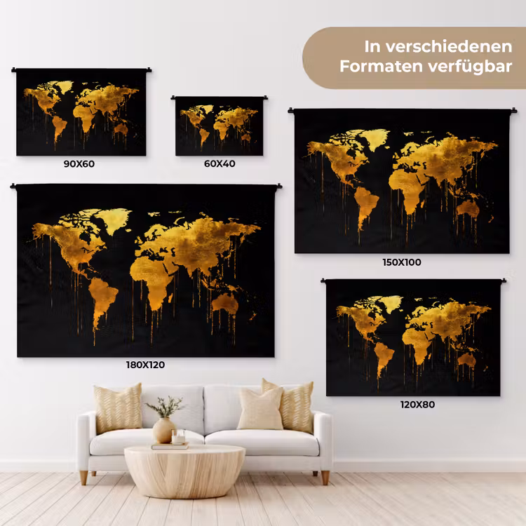 Wereldkaart - Goud - Druipen - Zwart Wandkleed katoen klein -tsfeer8_DE