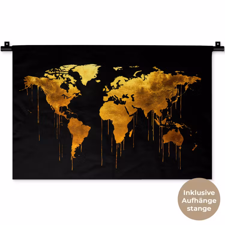 Wereldkaart - Goud - Druipen - Zwart Wandkleed katoen klein -t3d_DE